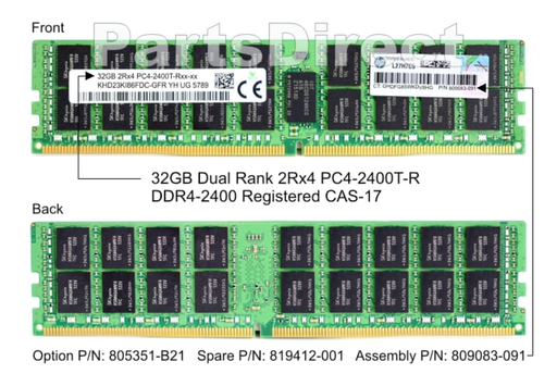 [32GB (1 x 32GB) Dual Rank x4 DDR4-2400 CAS-17-17-17 Registered Memory Kit] 805351-B21